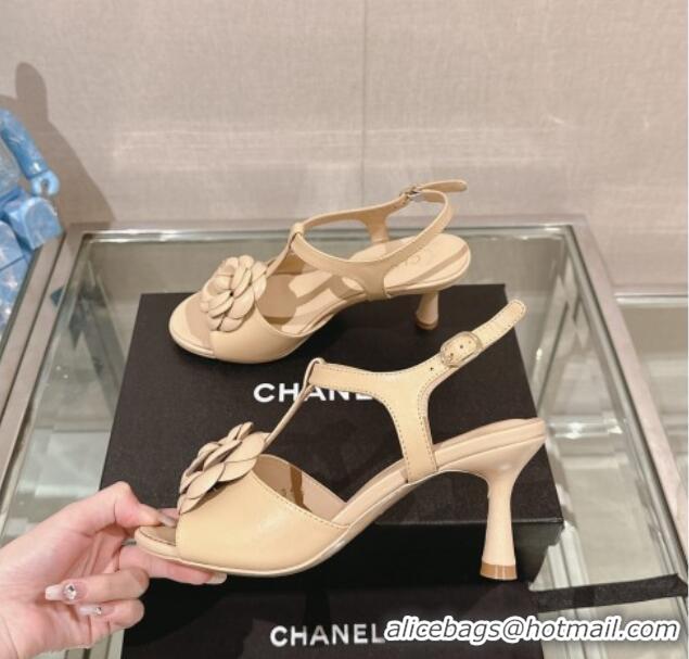 Buy Duplicate Chanel Camellia Bloom Lambskin Leather Heel Sandals 7cm Beige 0224017