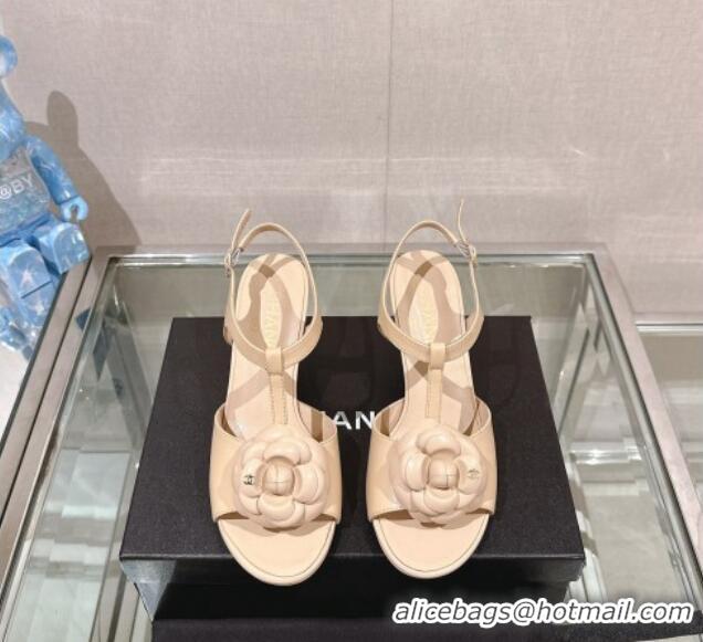 Buy Duplicate Chanel Camellia Bloom Lambskin Leather Heel Sandals 7cm Beige 0224017