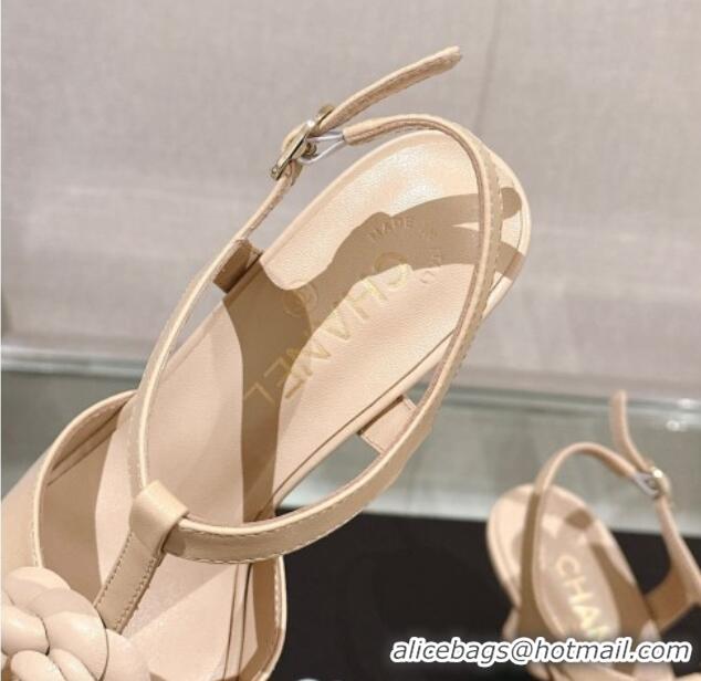 Buy Duplicate Chanel Camellia Bloom Lambskin Leather Heel Sandals 7cm Beige 0224017