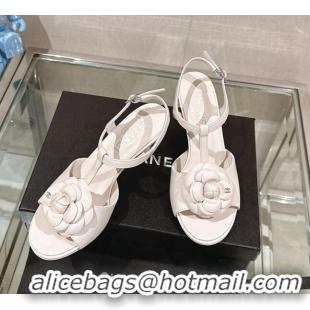 Best Price Chanel Camellia Bloom Lambskin Leather Heel Sandals 7cm White 0224018