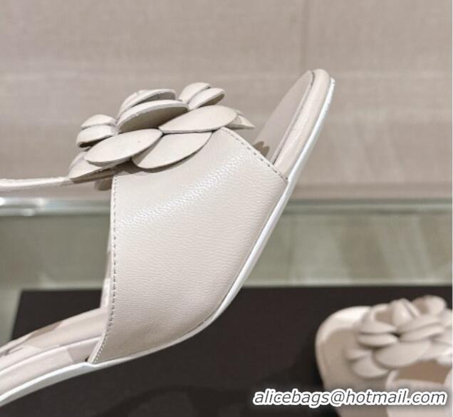 Best Price Chanel Camellia Bloom Lambskin Leather Heel Sandals 7cm White 0224018