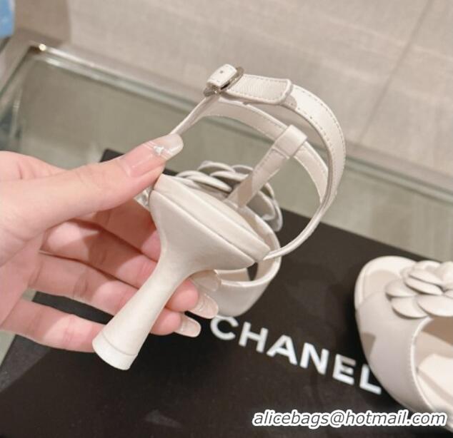 Best Price Chanel Camellia Bloom Lambskin Leather Heel Sandals 7cm White 0224018