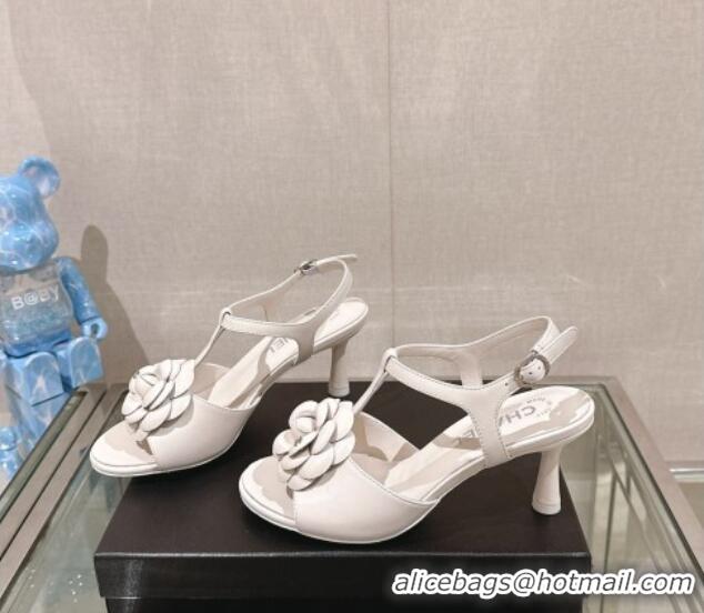 Best Price Chanel Camellia Bloom Lambskin Leather Heel Sandals 7cm White 0224018