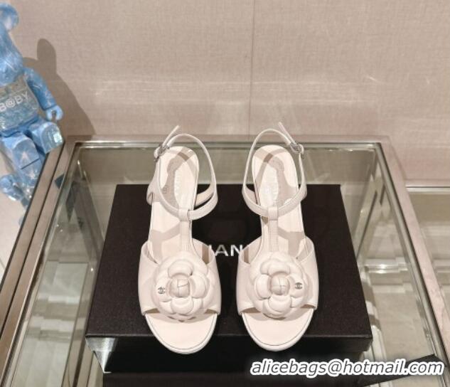 Best Price Chanel Camellia Bloom Lambskin Leather Heel Sandals 7cm White 0224018