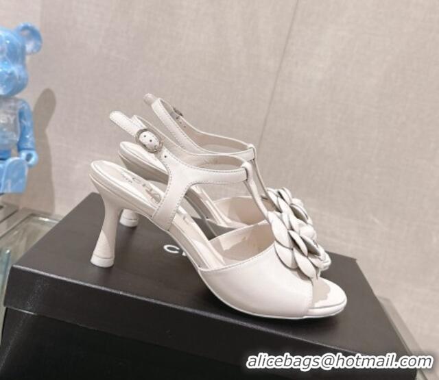 Best Price Chanel Camellia Bloom Lambskin Leather Heel Sandals 7cm White 0224018