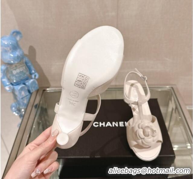 Best Price Chanel Camellia Bloom Lambskin Leather Heel Sandals 7cm White 0224018