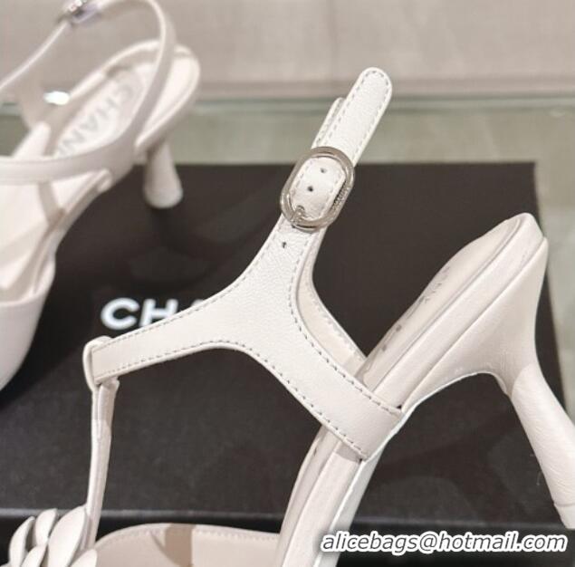 Best Price Chanel Camellia Bloom Lambskin Leather Heel Sandals 7cm White 0224018