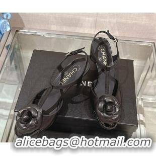 Good Product Chanel Camellia Bloom Lambskin Open Pumps 7cm Black 0224019