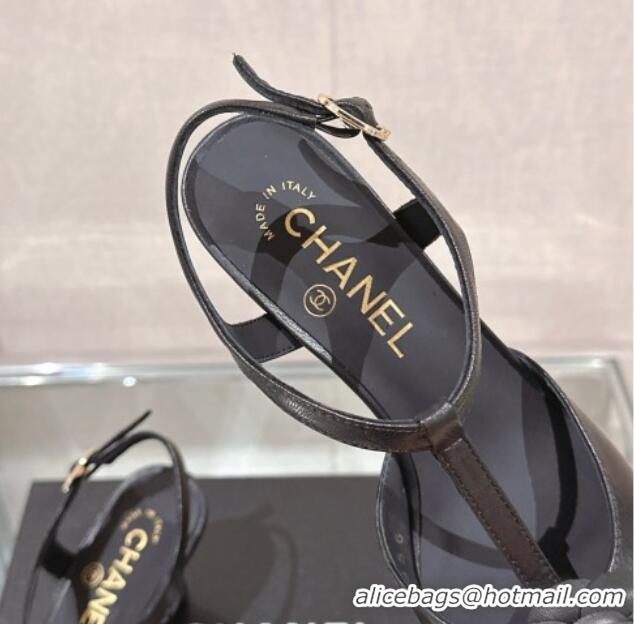 Good Product Chanel Camellia Bloom Lambskin Open Pumps 7cm Black 0224019