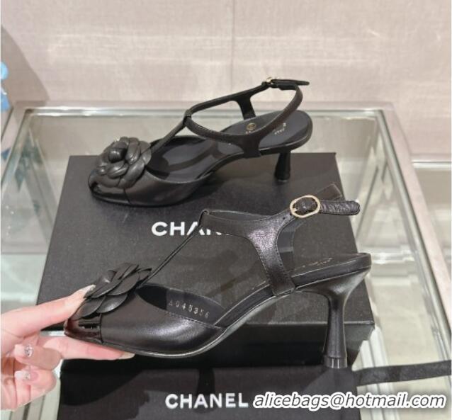 Good Product Chanel Camellia Bloom Lambskin Open Pumps 7cm Black 0224019