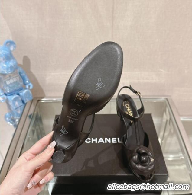 Good Product Chanel Camellia Bloom Lambskin Open Pumps 7cm Black 0224019