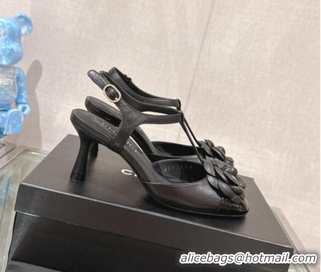 Good Product Chanel Camellia Bloom Lambskin Open Pumps 7cm Black 0224019