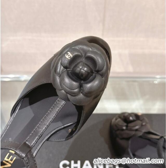 Good Product Chanel Camellia Bloom Lambskin Open Pumps 7cm Black 0224019