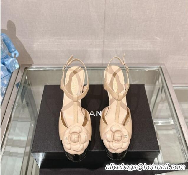 Best Quality Chanel Camellia Bloom Lambskin Open Pumps 7cm Beige 0224020