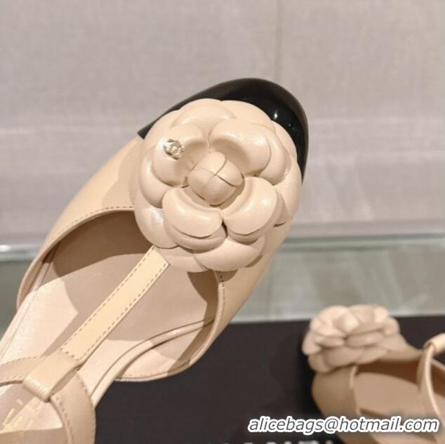 Best Quality Chanel Camellia Bloom Lambskin Open Pumps 7cm Beige 0224020