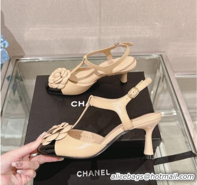 Best Quality Chanel Camellia Bloom Lambskin Open Pumps 7cm Beige 0224020