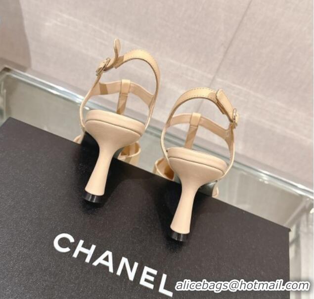 Best Quality Chanel Camellia Bloom Lambskin Open Pumps 7cm Beige 0224020