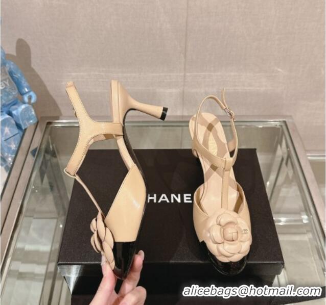 Best Quality Chanel Camellia Bloom Lambskin Open Pumps 7cm Beige 0224020