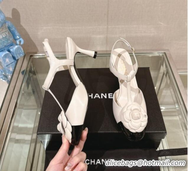 Super Quality Chanel Camellia Bloom Lambskin Open Pumps 7cm White 0224021