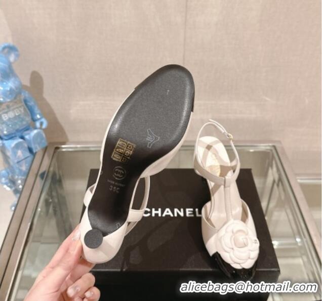 Super Quality Chanel Camellia Bloom Lambskin Open Pumps 7cm White 0224021