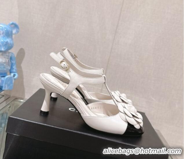 Super Quality Chanel Camellia Bloom Lambskin Open Pumps 7cm White 0224021