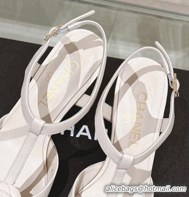 Super Quality Chanel Camellia Bloom Lambskin Open Pumps 7cm White 0224021