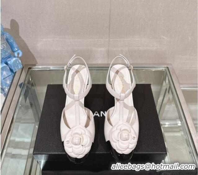 Super Quality Chanel Camellia Bloom Lambskin Open Pumps 7cm White 0224021