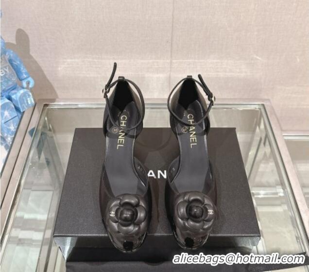 Affordable Price Chanel Camellia Bloom Lambskin Pumps 7cm with Ankle Strap Black 0224022