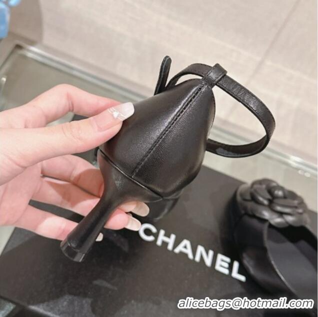 Affordable Price Chanel Camellia Bloom Lambskin Pumps 7cm with Ankle Strap Black 0224022