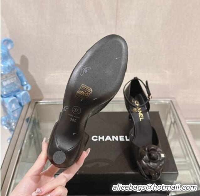 Affordable Price Chanel Camellia Bloom Lambskin Pumps 7cm with Ankle Strap Black 0224022