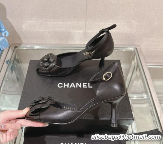 Affordable Price Chanel Camellia Bloom Lambskin Pumps 7cm with Ankle Strap Black 0224022