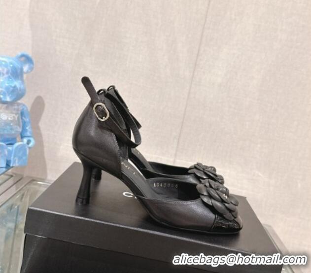 Affordable Price Chanel Camellia Bloom Lambskin Pumps 7cm with Ankle Strap Black 0224022