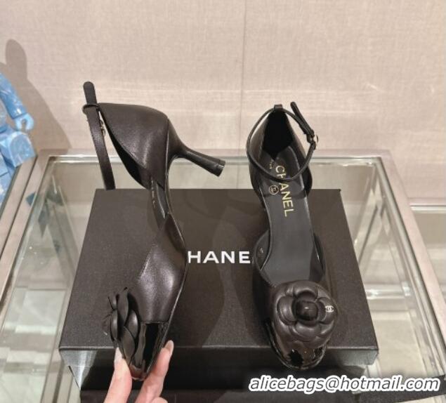 Affordable Price Chanel Camellia Bloom Lambskin Pumps 7cm with Ankle Strap Black 0224022