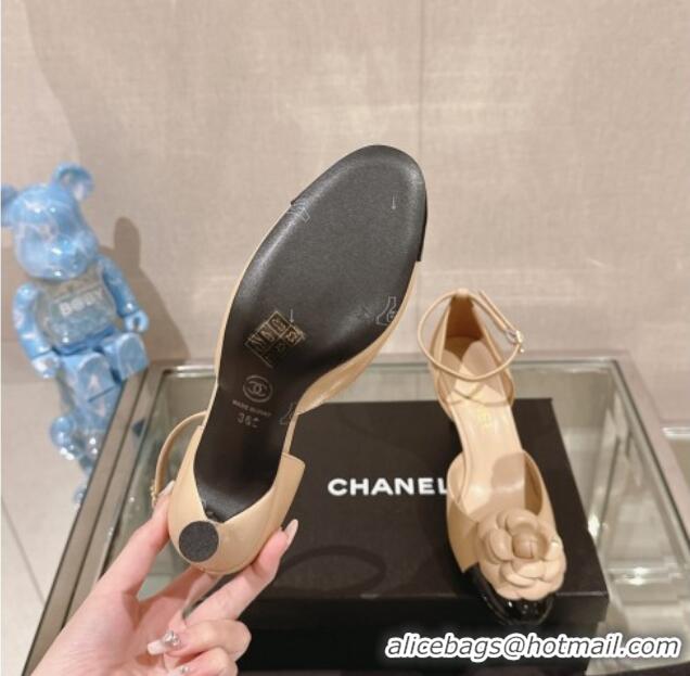 New Design Chanel Camellia Bloom Lambskin Pumps 7cm with Ankle Strap Beige 0224023