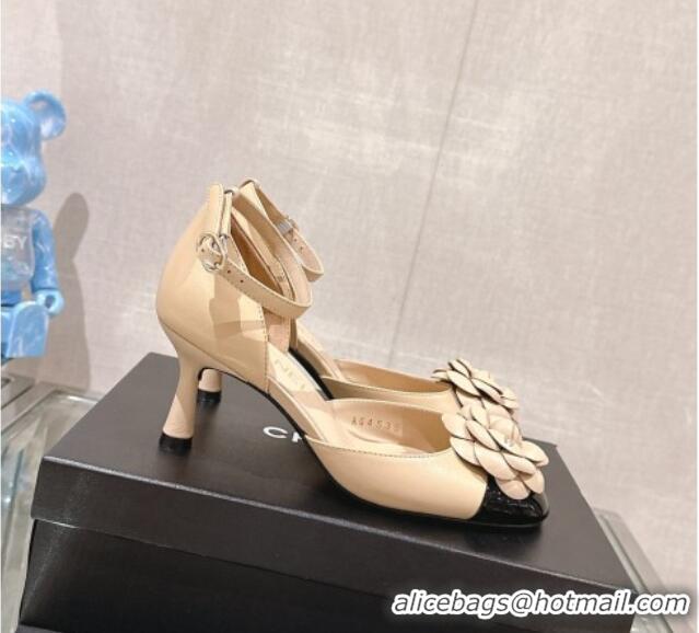 New Design Chanel Camellia Bloom Lambskin Pumps 7cm with Ankle Strap Beige 0224023