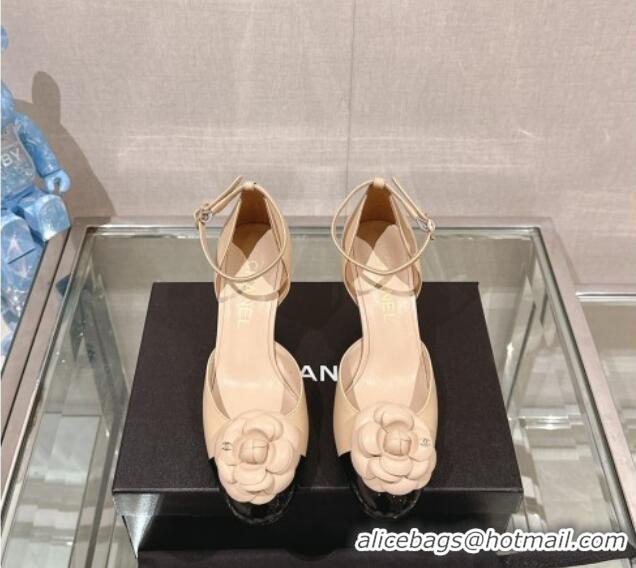 New Design Chanel Camellia Bloom Lambskin Pumps 7cm with Ankle Strap Beige 0224023