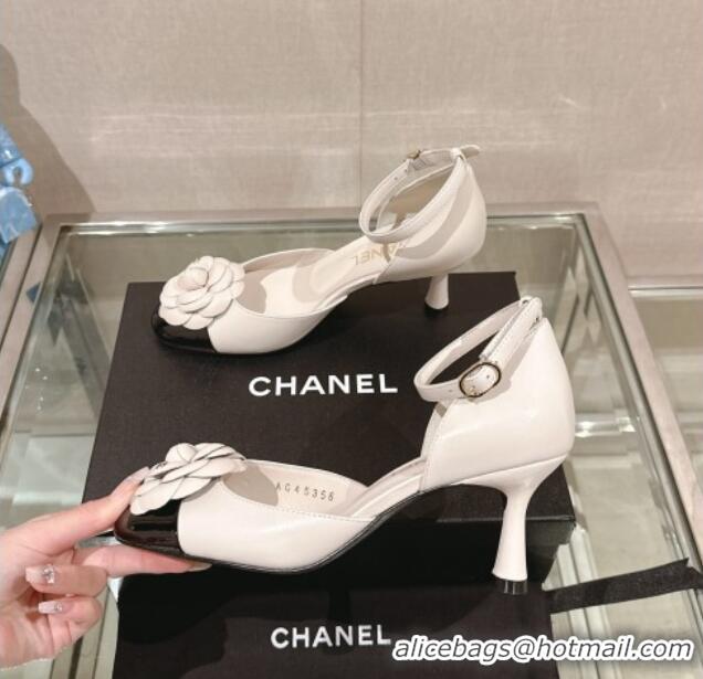 Best Luxury Chanel Camellia Bloom Lambskin Pumps 7cm with Ankle Strap White 0224024