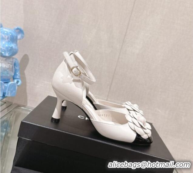 Best Luxury Chanel Camellia Bloom Lambskin Pumps 7cm with Ankle Strap White 0224024