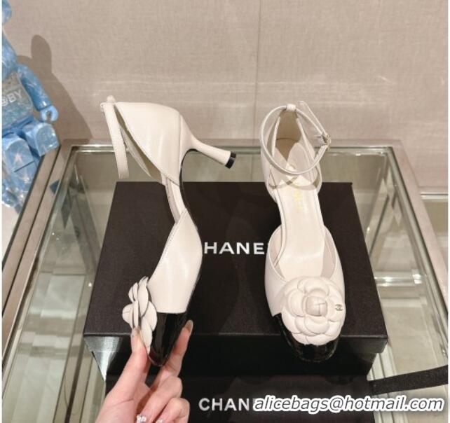 Best Luxury Chanel Camellia Bloom Lambskin Pumps 7cm with Ankle Strap White 0224024