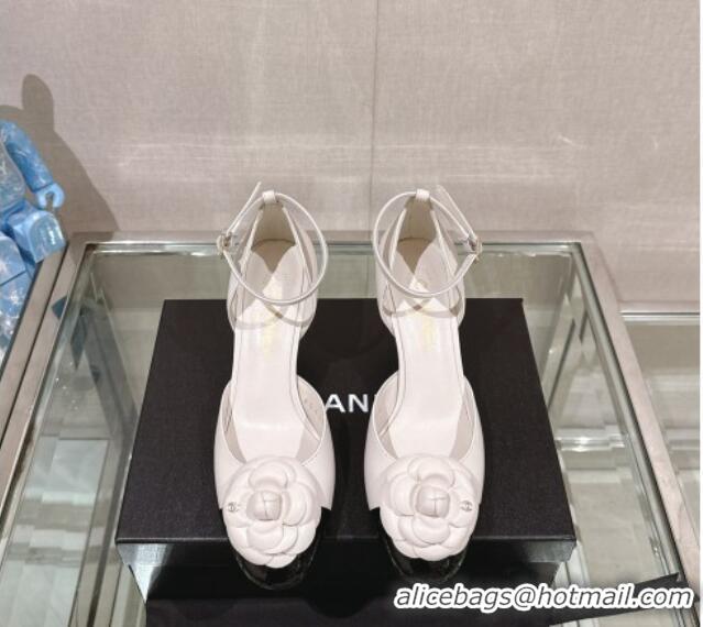 Best Luxury Chanel Camellia Bloom Lambskin Pumps 7cm with Ankle Strap White 0224024