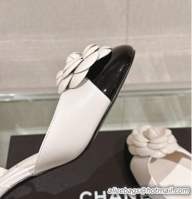 Best Luxury Chanel Camellia Bloom Lambskin Pumps 7cm with Ankle Strap White 0224024