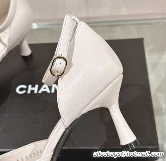 Best Luxury Chanel Camellia Bloom Lambskin Pumps 7cm with Ankle Strap White 0224024