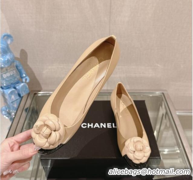 Top Quality Chanel Camellia Bloom Lambskin Flat Ballet 1cm Beige 0224026