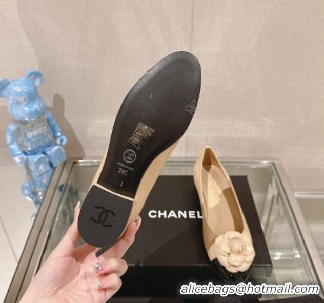 Top Quality Chanel Camellia Bloom Lambskin Flat Ballet 1cm Beige 0224026