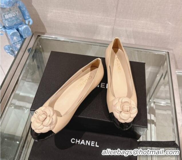 Top Quality Chanel Camellia Bloom Lambskin Flat Ballet 1cm Beige 0224026