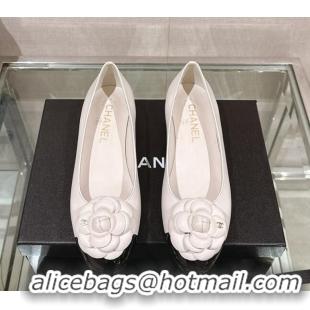 AAAAA Chanel Camellia Bloom Lambskin Flat Ballet 1cm White 0224027