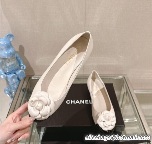 AAAAA Chanel Camellia Bloom Lambskin Flat Ballet 1cm White 0224027