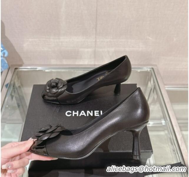 Perfect Chanel Camellia Bloom Lambskin & Patent Calfskin Pumps 7cm Black 0224028