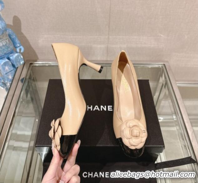 Low Price Chanel Camellia Bloom Lambskin & Patent Calfskin Pumps 7cm Beige 0224029