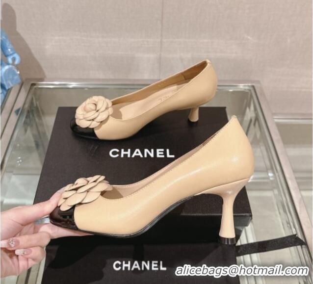 Low Price Chanel Camellia Bloom Lambskin & Patent Calfskin Pumps 7cm Beige 0224029